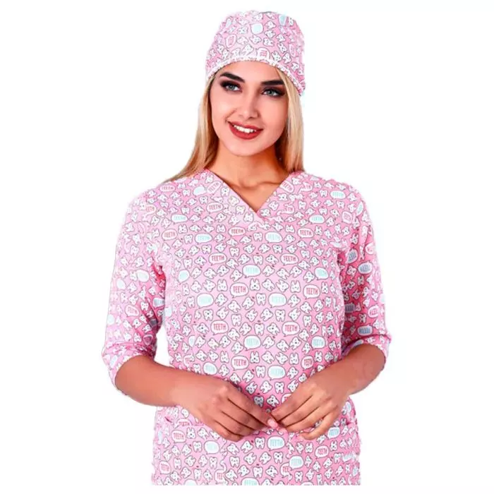 اسکراب دندانپزشکی زنانه طب پوش مدل طرحدار صورتی کد 405